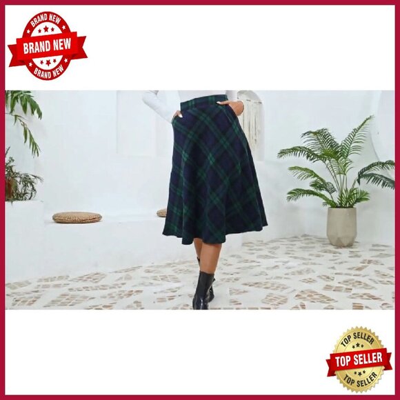 Long Wool Plaid Skirt High Waist A-Line Pleated Midi Fall Winter - Picture 7 of 7